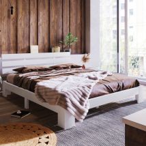 Lit Double au Design Minimaliste, Capacité Maximale 150 kg, Montage Requis, Sans Matelas, 140x200 cm, Blanc