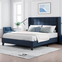 Lit Double avec Tête de Lit Rembourrée et Sommier à Lattes, Design Élégant en Lin, Grand Confort, sans matelas,140x200 cm, Bleu