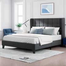 Lit Double de Style Classique, Tête de Lit Rembourrée et Sommier à Lattes, en Lin, sans matelas, 140x200 cm, Gris