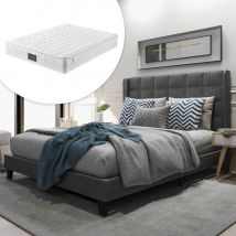 Lit Double avec Tête de Lit Rembourrée et Sommier à Lattes, en Lin, 140x200, Matelas à Ressorts Inclus, Grand Confort, Gris