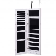 HOMCOM Armoire à bijoux suspendue au mur ou à la porte avec miroir, LED, 5 étagères, 2 petits tiroirs, 37x10x120cm, blanc