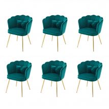 Ensemble 6 chaises de cuisine, Chaises modernes cuisine en velours, dossier pétale, pieds métalliques dorés, coussins en forme de papillon, Vert