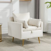 Fauteuil de Bureau Design Minimaliste en Velours avec Rangement, Coussins Décoratifs et Accoudoirs, Pieds en Métal Doré, 71x71x76 cm, Beige