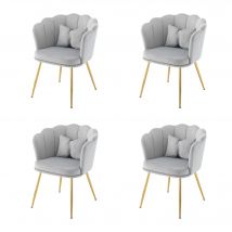 Ensemble de 4 Chaises de Salle à Manger et Salon en Velours avec Dossier en Pétale, Pieds Métalliques Dorés et Coussins en Papillon, 63x58x77 cm, Gris