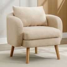 Fauteuil Relax Moderne en Velours Teddy avec Coussin, Assise Extra Épaisse, 71x72x71 cm, Fauteuil Lounge de Salon, Beige