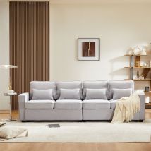 Canapé Moderne 4 Places en Tissu de Lin Déhoussable avec Poches sur les Accoudoirs et 4 Coussins Lombaires, Adapté pour Salon et Bureau, Gris