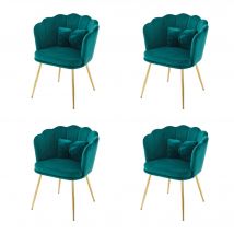 Ensemble 4 chaises salle à manger, salon en velours avec dossier en forme de pétale, pieds métalliques dorés et coussins en forme de papillon, Vert
