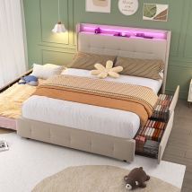 Lit double rembourré avec tête de lit USB, éclairage LED et 2 tiroirs, cadre de lit avec rangement 160x200 cm, sommier à lattes en bois, Beige