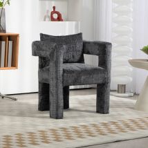 Fauteuil lounge moderne en chenille, chaise de salle à manger, avec accoudoirs ajourés, coussin, pour le salon, la salle à manger, Gris foncé