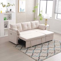 Sofabett, L-förmig Schlafsofa mit Stauraumsitzen ausziehbar umwandelbar Samtbezug 200cm große Liegefläche 206 x 108 x 88 cm, Beige   Aosom.de