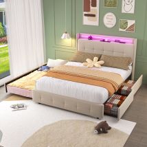 Lit double Lit 2 places Lit rembourré avec tête de lit USB, éclairage LED et 2 tiroirs, cadre de lit avec espace de rangement, Beige   Aosom France