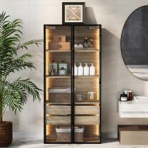 Armoire de salle de bain avec éclairage LED, Meuble salle de bain 2 grands tiroirs et 2 portes en verre, 74×36×155 cm, Naturel   Aosom France