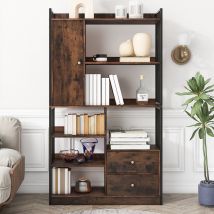Bibliothèque avec 6 étagères, portes et tiroirs, sur pied, structure en acier, 100×30×173,5 cm,Noir Marron