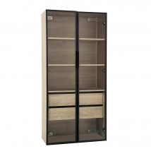 Armoire de salle de bain avec éclairage LED, Meuble salle de bain 2 grands tiroirs et 2 portes en verre, 74×36×155 cm, Naturel   Aosom France