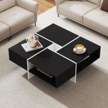 Moderner quadratischer Couchtisch, 70×70×35 cm, Schwarz-Weiß Design, 5 offene Fächer, mittleres Ablagefach 10×10 cm, Belastbarkeit 30 kg, Weiß + Schwar