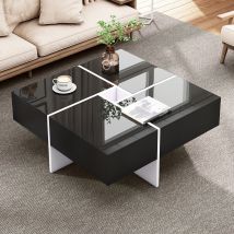 Eleganter Hochglanz-Couchtisch mit integriertem Staufach und 4 Schubladen, 70×70×35 cm, maximale Belastbarkeit 30 kg,  Schwarz Weiß