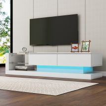 Meuble TV élégant en finition brillante 1,4 m de longueur, LED 16 couleurs, pour télé 60 pouces avec étagère et rangement caché 140×38×38 cm, Blanc