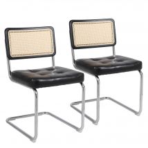 Lot de 2 chaises en rotin avec éléments rembourrés en similicuir, dossier en maille sans accoudoirs, pieds en métal chromé, Noir
