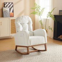 Fauteuil à bascule avec pieds en bois massif, fauteuil lounge pour salon, chambre et balcon, avec mousse haute élasticité, 68,5x88x101cm, Blanc