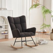 Fauteuil à bascule Chaise à bascule moderne avec dossier haut et accoudoirs, Fauteuil à bascule exterieur tissu en velours Teddy confortable, Gris