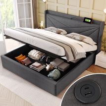 Lit Double avec Rangement, Fonction de Recharge USB Type C et Structure de Lit Double en Lin, Sans Matelas 160x200, Gris