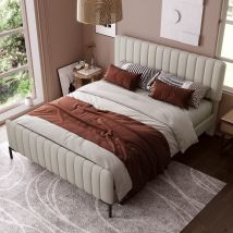 Lit Double Rembourré 180x200cm avec Tête de Lit Réglable et Sommier à Lattes, Structure et Tête de Lit Double, pour Chambre et Invités, Gris+Beige