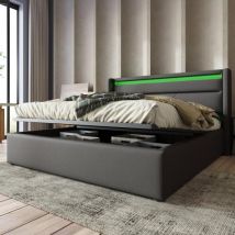 Lit Double Hydraulique avec LED et Télécommande, Structure Rembourrée avec Rangement 140x200 cm, Gris