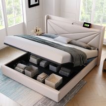 Lit Double avec Rangement et Fonction de Recharge USB Type C, Structure en Lin, Sans Matelas 140x200, Beige