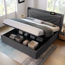 Lit Double avec Rangement et Fonction de Recharge USB Type C, Structure en Lin, Sans Matelas 140x200, Gris