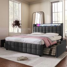 Lit Double avec Tête de Lit USB et Éclairage LED, 4 Tiroirs, Structure en Bois, Tête de Lit Double, Lit Double avec Rangement, 140x200 cm,Gris