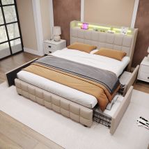 Lit Double avec Tête de Lit USB et Éclairage LED, 4 Tiroirs, Structure en Bois, Tête de Lit Double Rembourrée,140x200 cm,Beige