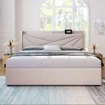 Doppelbett mit Stauraum, USB-Typ-C-Ladefunktion und Bettgestell aus Leinen, ohne Matratze 160x200, Beige