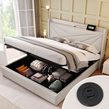 Lit Double avec Rangement, Fonction de Recharge USB Type C et Structure de Lit Double en Lin, Sans Matelas 160x200, Beige