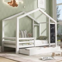 Lit simple Maison pour Enfants 90x200 cm, Lit simple bois avec Tableau, Barrière de Sécurité (Barrière de Lit Enfants) et 2 Tiroirs, Blanc