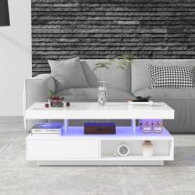 Weißer Hochglanz-Couchtisch mit 4 Glaseinsätzen, 2 Schubladen und 2 offenen Fächern, Weiß