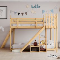 Lit superposé bois Lit simple avec toboggan et étagère, sans matelas, 90x200 cm, naturel   Aosom France
