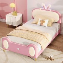 Lit rembourré avec tête de lit en forme de lapin et bande LED, sans matelas, 90×200 cm, Blanc+Rose