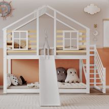 Lit superposé toboggan avec escalier et barrière, Lit superposé but avec toboggan et fenêtre, sans matelas, 90x200 cm, Blanc   Aosom France
