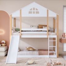 Lit superposé avec fenêtres et toboggan, sans matelas, 90x200 cm, Blanc