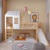 Lit superposé bois Lit simple avec échelle perpendiculaire et toboggan, toit et fenêtre, sans matelas, 200x90 cm, naturel   Aosom France