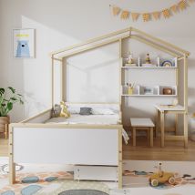 Lit pour enfant en forme de maison avec tiroirs et étagères, sans matelas, 90x200 cm, Blanc