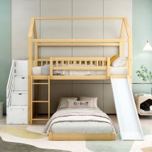 Lit superposé bois Lit simple avec escalier et toboggan, protection contre les chutes et espace de rangement, sans matelas, 90x200 cm, naturel