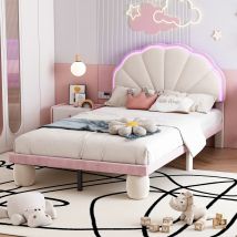 Lit rembourré avec bande lumineuse LED et tête de lit ondulée, pieds rembourrés, sans matelas, 90×200 cm, Blanc+Rose