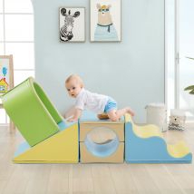 Blocs de construction bébé géant en mousse 6-en-1, jeu créatif, ramper à travers des arcs et glisser, matériau PU durable, Jaune   Aosom France