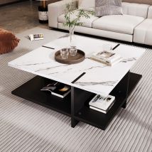 Table basse carrée, design moderne minimaliste, aspect marbre blanc, quatre compartiments de rangement ouverts, Noir+Blanc