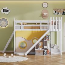 Lit superposé bois Lit simple avec escalier, toboggan et étagère, sans matelas, 90×200 cm, Blanc   Aosom France