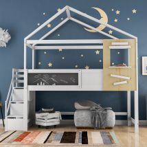 Lit superposé maison pour enfant lit simple avec escalier et fenêtre, sans matelas, 200x90 cm, Blanc   Aosom France