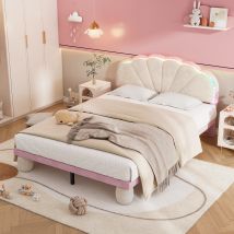 Lit rembourré avec bandes lumineuses multicolores et tête de lit ondulée, sans matelas, 140×200 cm, Blanc+Rose