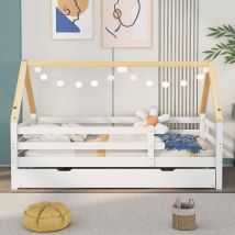 Lit cabane Lit en cabane avec lit gigogne et roulettes, Lit cabane 90x190 sans matelas, 90x200 & 90x190 cm, Blanc   Aosom France