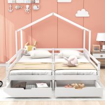 Lit cabane avec 2 tiroirs sur roulettes, sans matelas, 200×90 cm, Blanc